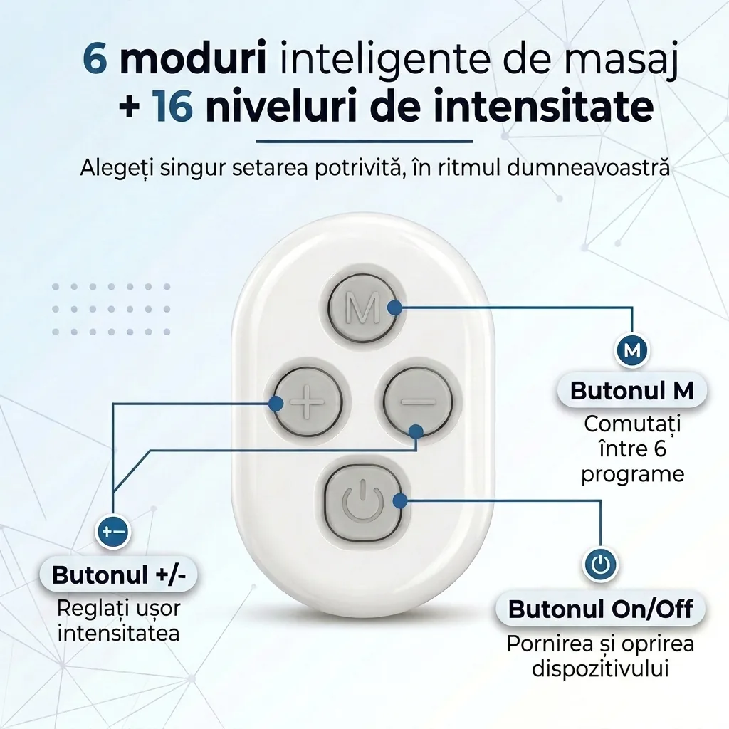 6 moduri inteligente de masaj și 16 niveluri de intensitate