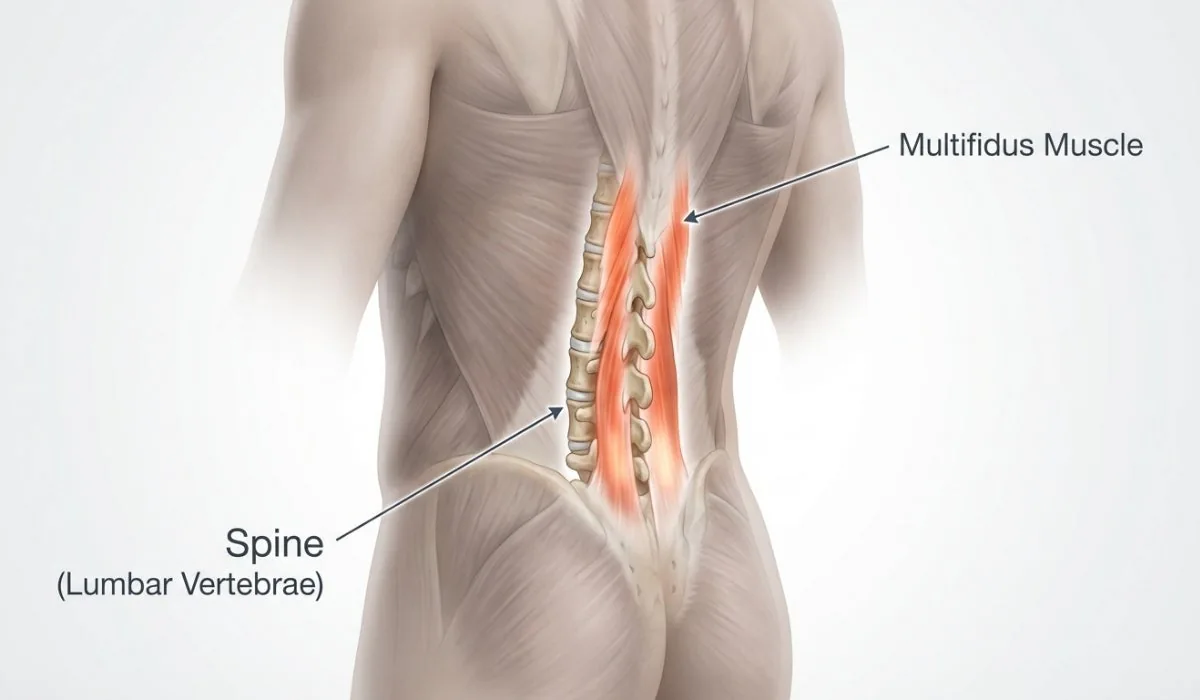 Schiță anatomică a mușchiului multifidus de-a lungul coloanei lombare